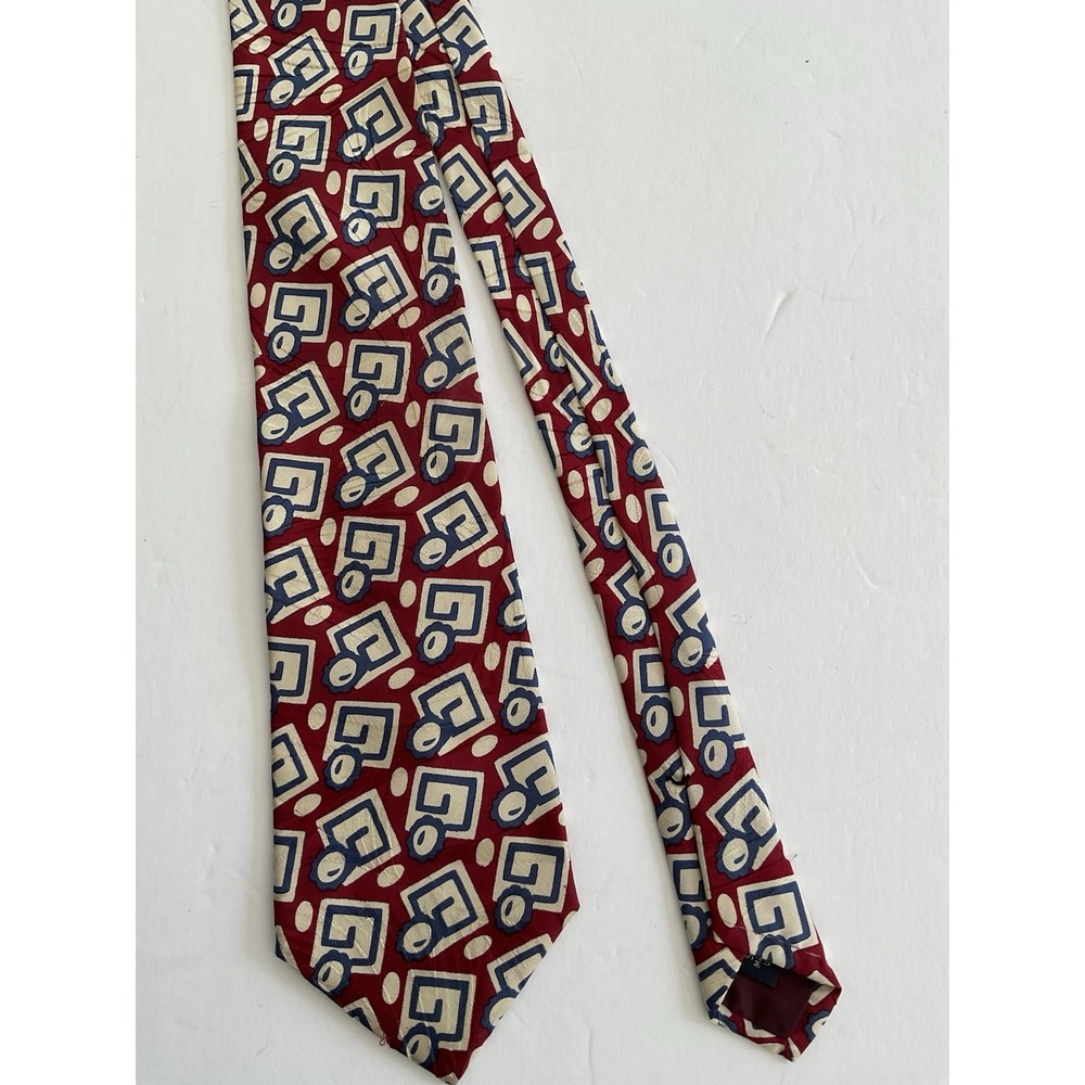 Vintage Rare Saks Fifth Avenue Red Blue White Geometric Silk Tie USA